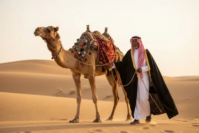 Saudi Man with Camel in Desert at Sunset