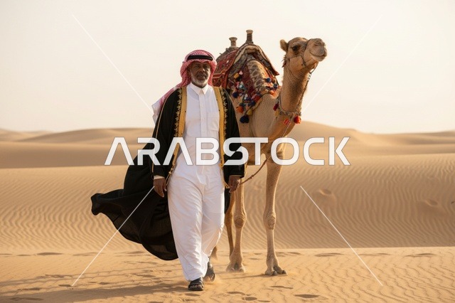 رجل سعودي مع جمل في الكثبان الرملية بالصحراء