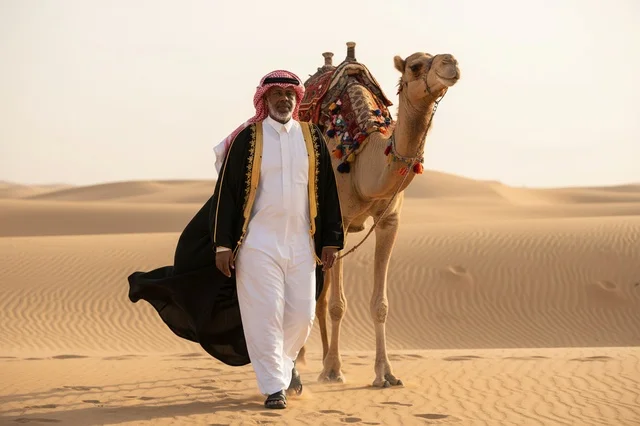 رجل سعودي مع جمل في الكثبان الرملية بالصحراء