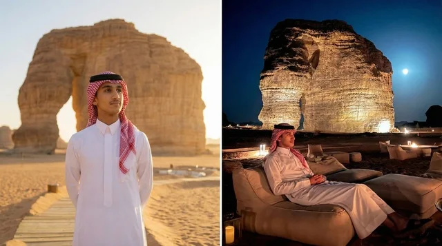 رجل سعودي في جبل الفيل بالعلا ليلاً ونهاراً