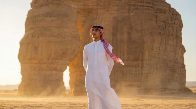 Saudi Man at Elephant Rock AlUla at Sunset