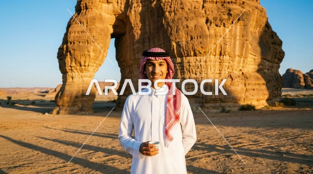 رجل سعودي عند صخرة الفيل في العلا مع قهوة عربية