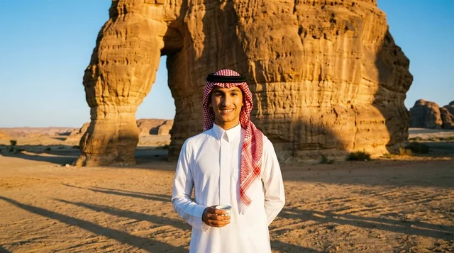 Saudi Man at Elephant Rock Al-Ula with Arabic Coffee Saudi Man at Elephant Rock Al-Ula with Arabic Coffee