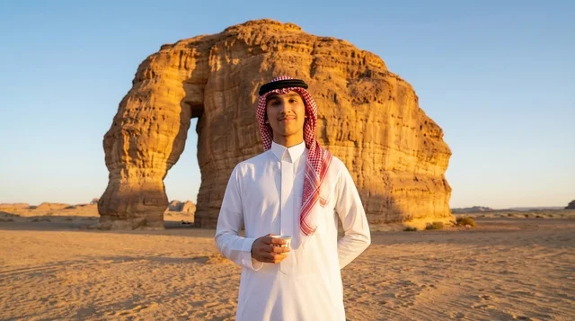 Saudi Man at Elephant Rock AlUla Desert Sunset Saudi Man at Elephant Rock AlUla Desert Sunset