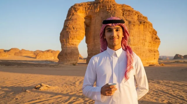 Saudi Man at Elephant Rock AlUla Sunset Saudi Man at Elephant Rock AlUla Sunset