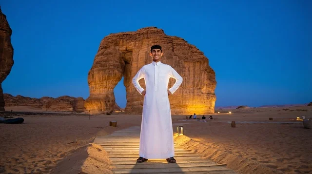Saudi Man at Elephant Rock AlUla Night Scene