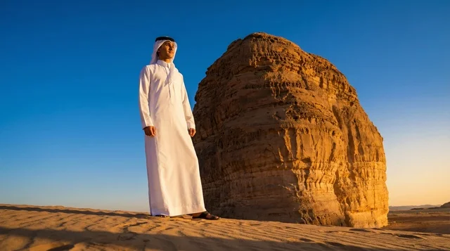 Saudi Man in Traditional Thobe at Desert Rock Formation