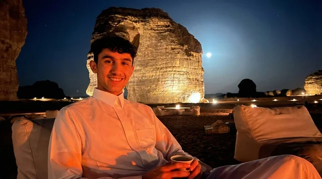 Saudi Man at Elephant Rock AlUla Night Desert