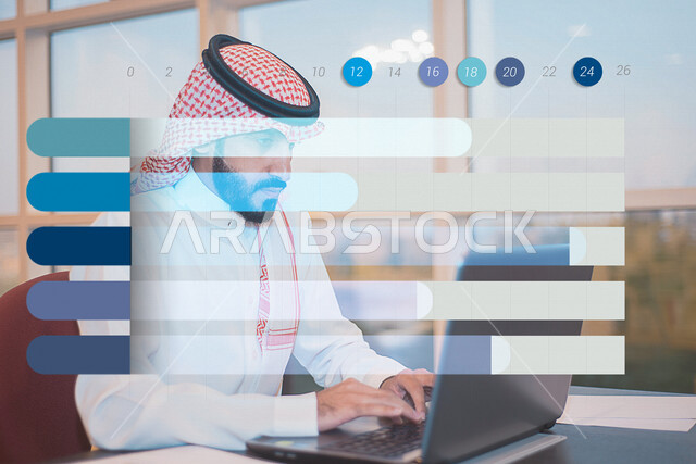 رجل عربي خليجي سعودي يقوم بإدخال بيانات على الحاسوب  ادارة الأعمال من خلال الحاسوب ، خلفية لاطار المحتوى ثلاثية الابعاد ، تنظيم و دراسة البيانات ، صناعة المحتويات النصية ، تخطيط وتحليل البيانات و المعلومات