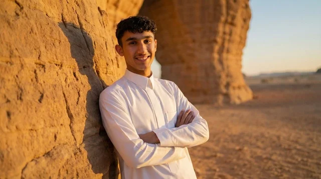 شاب سعودي بالثوب التقليدي في صحراء العلا