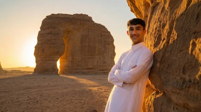 Saudi Arabian Man at Elephant Rock AlUla During Sunset