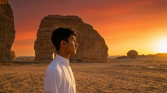 Saudi Man in Traditional Thobe at AlUla Sunset