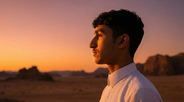 رجل سعودي في المناظر الطبيعية الصحراوية عند الغروب