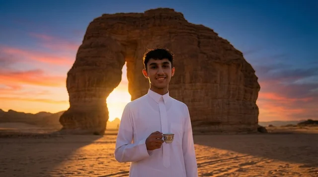 رجل سعودي عند جبل الفيل في العلا وقت الغروب