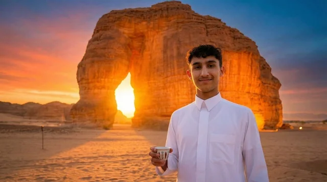 Saudi Man at Elephant Rock AlUla at Sunset