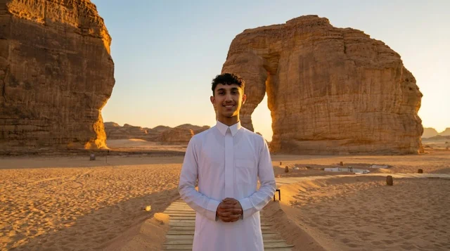 رجل سعودي عند صخرة الفيل في العلا وقت الغروب
