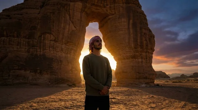 شاب سعودي أمام جبل الفيل في العلا وقت الغروب