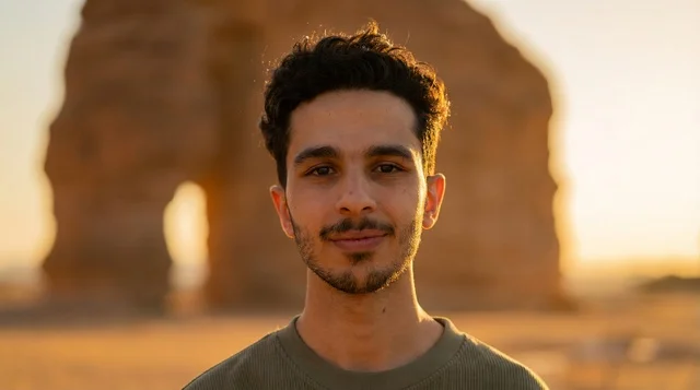 رجل سعودي عند صخرة الفيل في العلا وقت الغروب