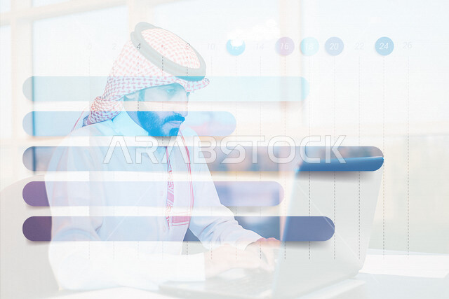 A Saudi Arabian Gulf man who enters data on a computer, business management through a computer, a background for a three-dimensional content framework, organizing and studying data, creating textual content, planning and analyzing data and information