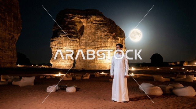 رجل سعودي بالثوب الأبيض في صحراء العلا ليلاً
