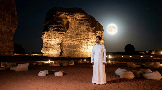 Saudi Man in White Thobe at Night Desert Moon