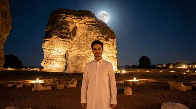 رجل سعودي في جبل الفيل بالعلا ليلة اكتمال القمر
