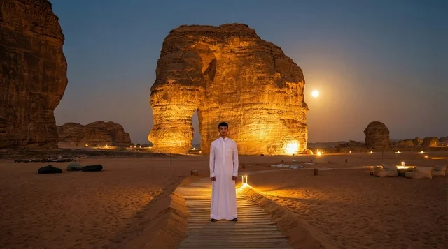 Saudi Man at Elephant Rock AlUla Night Illumination