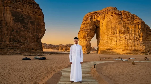 شاب سعودي في جبل الفيل بمحافظة العلا وقت الغروب