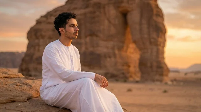 رجل سعودي عند صخرة الفيل في العلا وقت الغروب