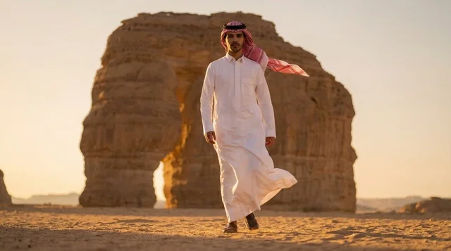 Saudi Man at Elephant Rock AlUla during Sunset