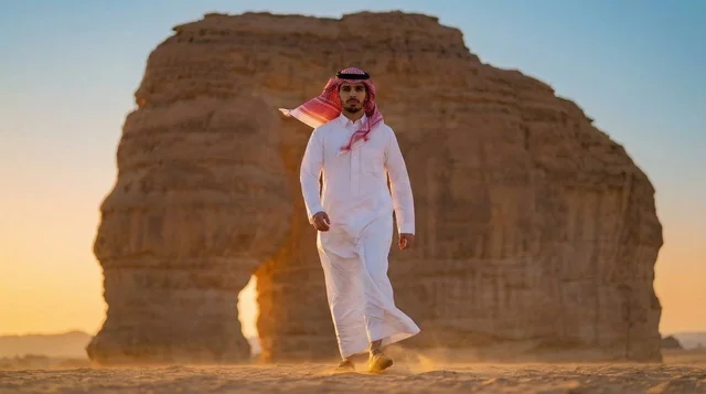 Saudi Arabian Man Walking at AlUla Heritage Site at Sunset