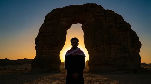 رجل سعودي عند صخرة الفيل في العلا وقت الغروب