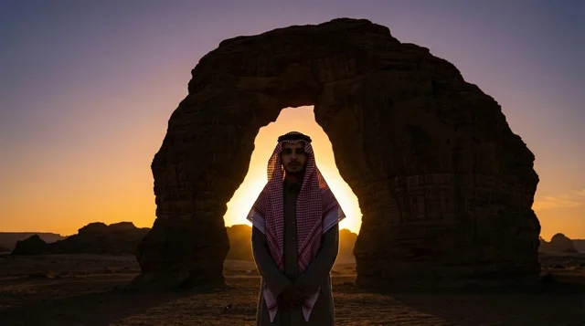 Saudi Man at AlUla Arch Rock During Sunset