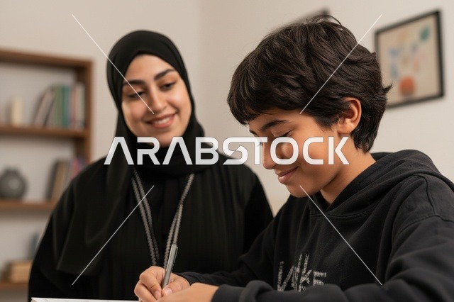 أم سعودية تراقب ابنها أثناء الكتابة في المنزل