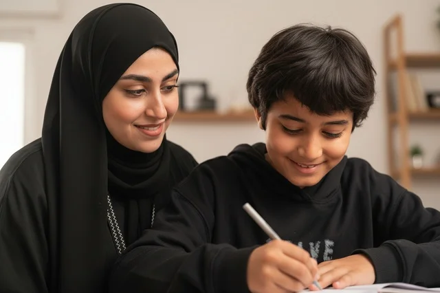 Emirati Mother and Son Studying at Home