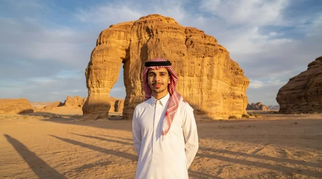 Saudi Man at Elephant Rock AlUla during Sunset