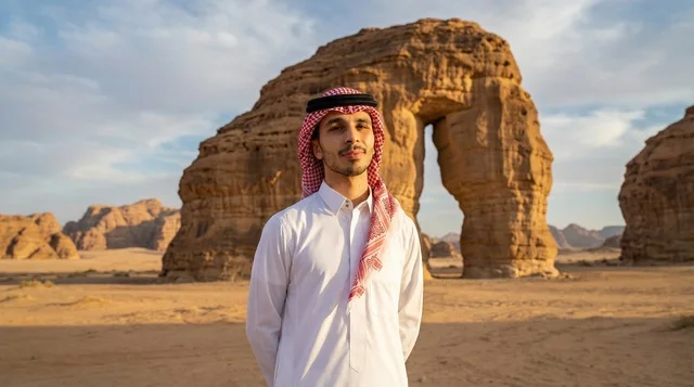 شاب سعودي في صخرة الفيل بالعلا بالزي التقليدي