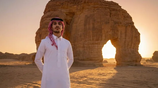 رجل سعودي عند صخرة الفيل في العلا وقت الغروب