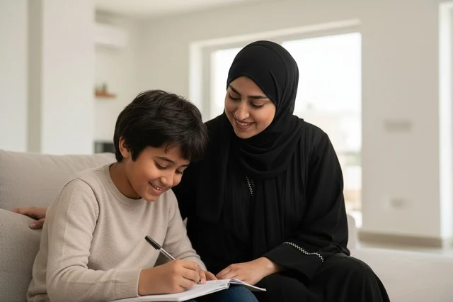 Emirati Mother Helping Son with Homework at Home