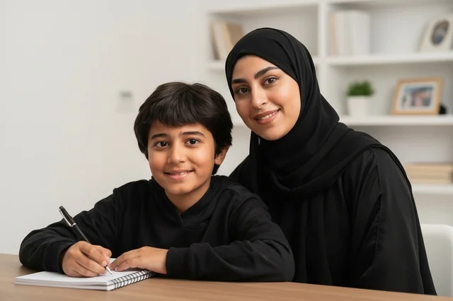 أم سعودية وابنها يدرسان في المنزل