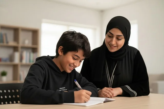 أم إماراتية تساعد ابنها في أداء الواجبات المنزلية