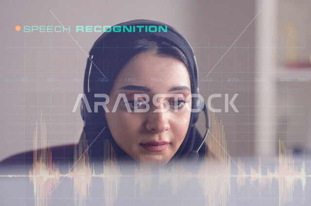 صورة مقربة لموظفة عربية خليجية سعودية تعمل في خدمة العملاء وترتدي سماعة الاتصال مدموجة بأمواج صوتية ثلاثية الأبعاد ، إستعلامات و إستفسارات ،   الإجابة على أسئلة العملاء ، إجراء إتصال فيديو من خلال الحاسوب ، متابعة و تطوير العمل