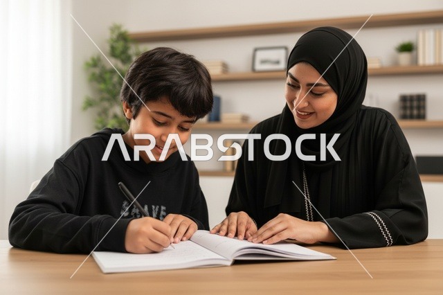 أم إماراتية تساعد ابنها في حل الواجبات المدرسية