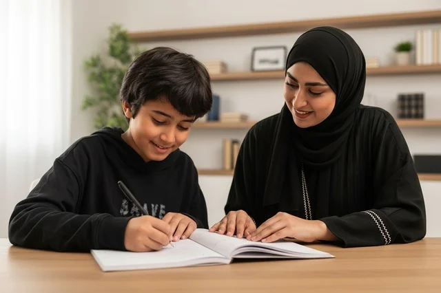 Emirati Mother Helping Son With Homework At Home