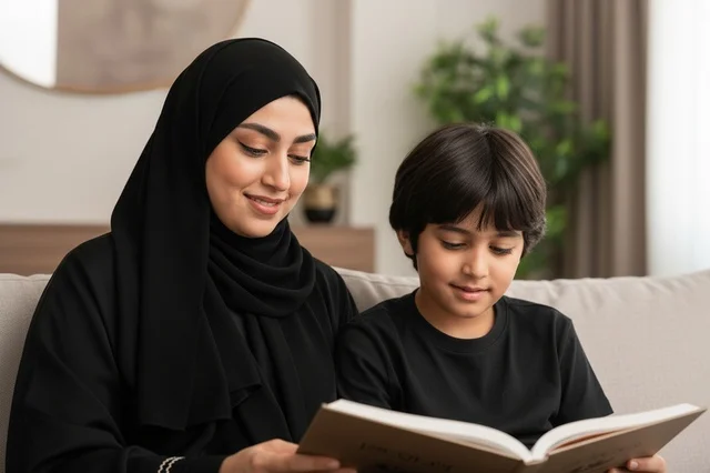 أم إماراتية وابنها يقرآن كتاباً في المنزل