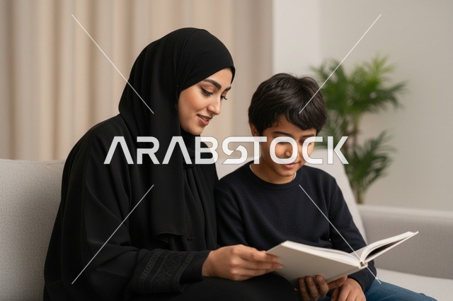 أم عربية تقرأ كتاباً مع ابنها في المنزل