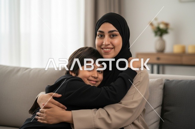 أم عربية تحتضن ابنها في غرفة المعيشة