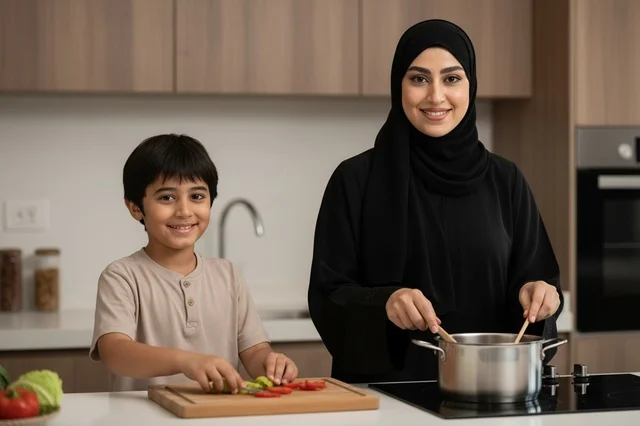 Emirati Woman and Boy Cooking in Modern Kitchen