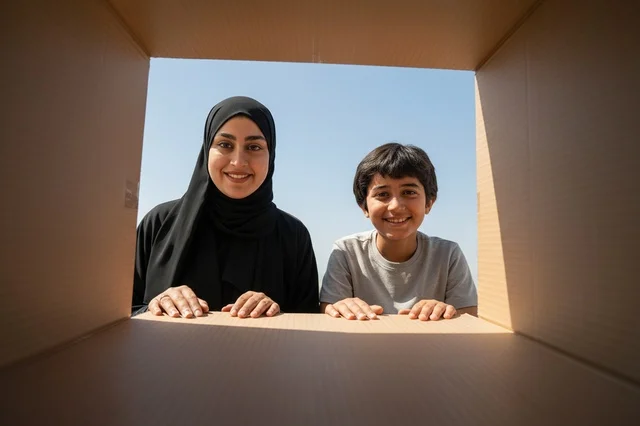 Saudi Mother and Son Looking into Cardboard Box
