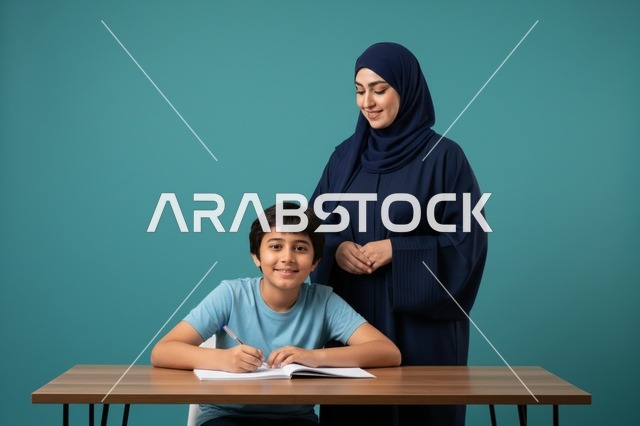 أم وابن عربيان يدرسان على مكتب بخلفية زرقاء